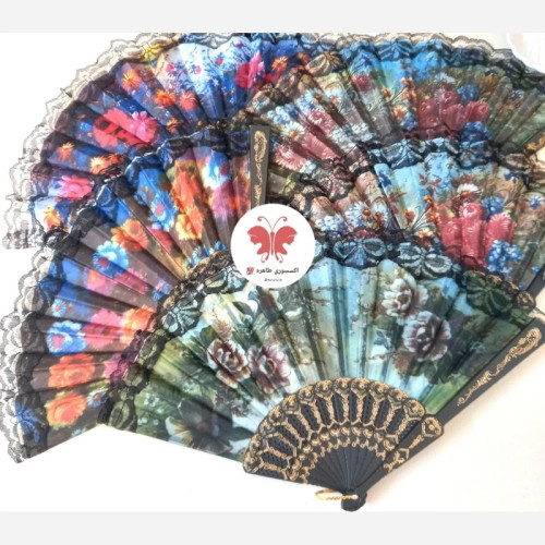 بادبزن دستی مشکی لب گیپوری طرح دار 1 عددی کد 35