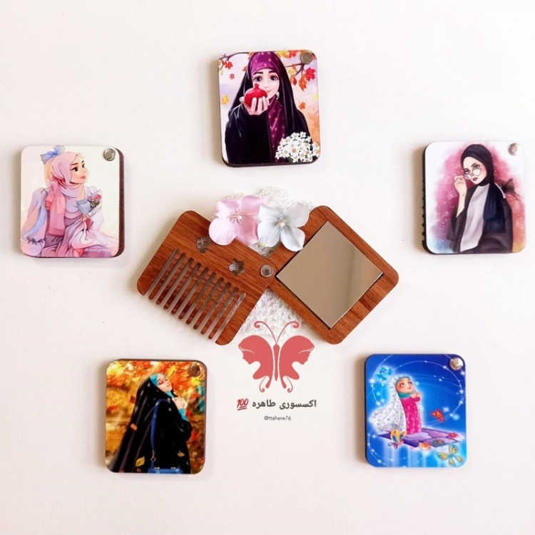 آینه جیبی چوبی شانه دار فانتزی