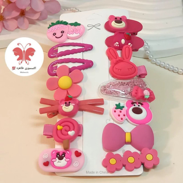 پک گیره سر 14 عددی سرخابی خرسی توت فرنگی گل خرگوشی پاپیونی گیره سر آکواریومی گیره سر تق تقی گیره سر انبری