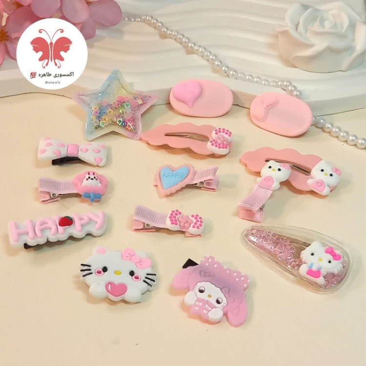 پک گیره سر 14 عددی سرخابی خرسی توت فرنگی گل خرگوشی پاپیونی گیره سر آکواریومی گیره سر تق تقی گیره سر انبری