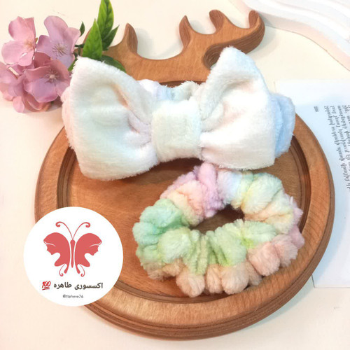 ست تل مو آرایشی و کش مو خز ریلی هفت رنگ پاستیلی